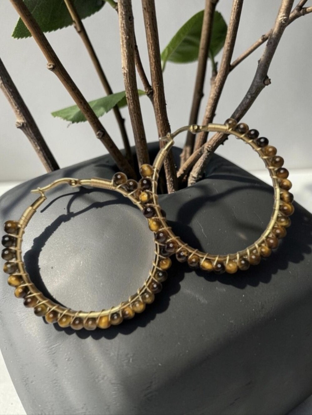 New Oversized 2" 18k Gold Plated Genuine Tugers Eye Bead Hoop Earrings - Picture 3 of 5
